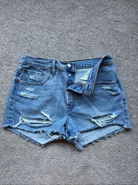 Levi's Light Blue Distressed Button-Fly Denim Shorts